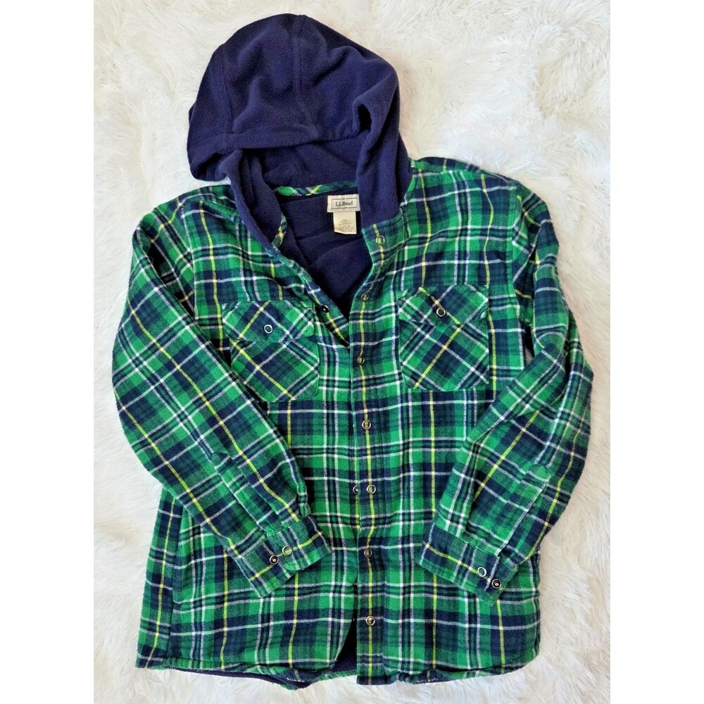 L.L. Bean Hooded Flannel Shirt Jacket Green Plaid Lined Snap Button Men’s L 1416
